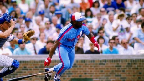 Outfielder Tim Raines of the Montreal Expos drops his bat and prepares to run. 3701008P MONTREAL EXPOS