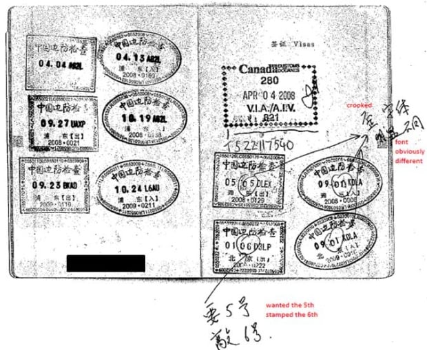 CBSA handout of fake stamps in a seized passport