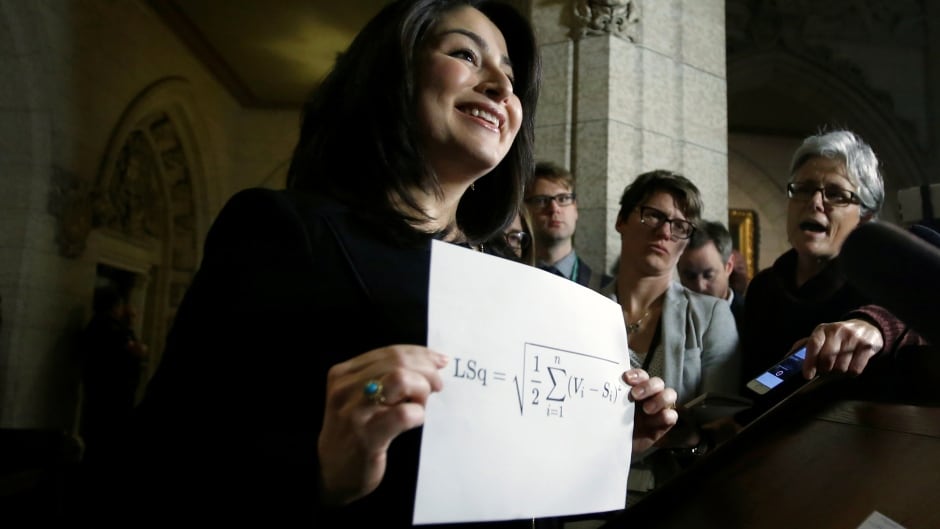 Former Democratic Institutions Minister Maryam Monsef holds up a print out of the Gallagher Index in December, 2016. The index shows the difference between a party's popular vote, and the number of seats it gets in the legislature. It was one of many things discussed by the Electoral Reform Committee last year. (Chris Wattie/Reuters)