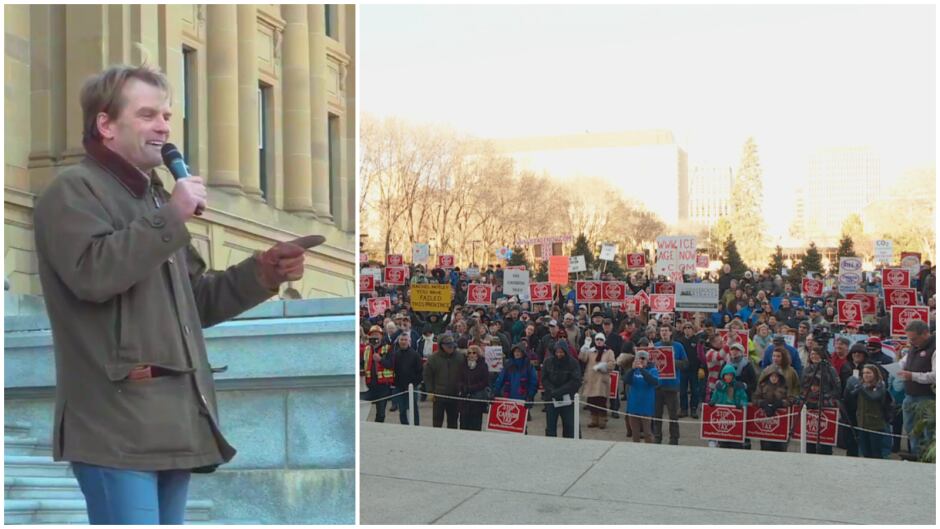 Chris Alexander reacts to a crowd at a Rebel Media hosted anti-carbon tax rally, as they begin to chant "Lock her up."