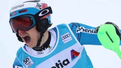 Norway's Henrik Kristoffersen reacts at finish line after winning an alpine ski, men's World Cup slalom in Adelboden, Switzerland, Sunday, Jan. 8, 2017. (AP Photo/Alessandro Trovati) Switzerland Alpine Skiing World Cup