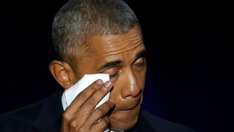 President Barack Obama wipes his tears as he speaks at McCormick Place in Chicago, Tuesday, Jan. 10, 2017, giving his presidential farewell address. (AP Photo/Charles Rex Arbogast) Obama Farewell Address