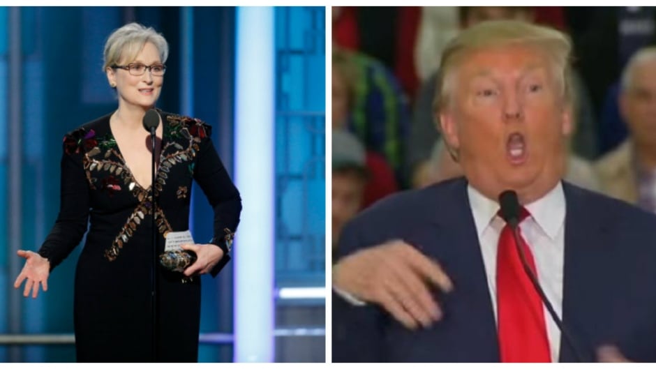 On the left, Meryl Streep refers to Donald Trump's mocking of disabled reporter Serge Kovaleski (who she does not name), in January 2017. On the right, a screenshot of Donald Trump while mocking Kovaleski, in November 2015.