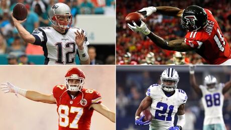 Teams entering the divisional round off a bye are led by stars, clockwise from top left, Tom Brady, Julio Jones, Ezekiel Elliott and Travis Kelce. nfl-comp