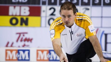 Reid Carruthers, shown at the 2015 Brier in Calgary, earned a 7-5 victory over Team World's Thomas Ulsrud of Norway. CUR Brier 20150305