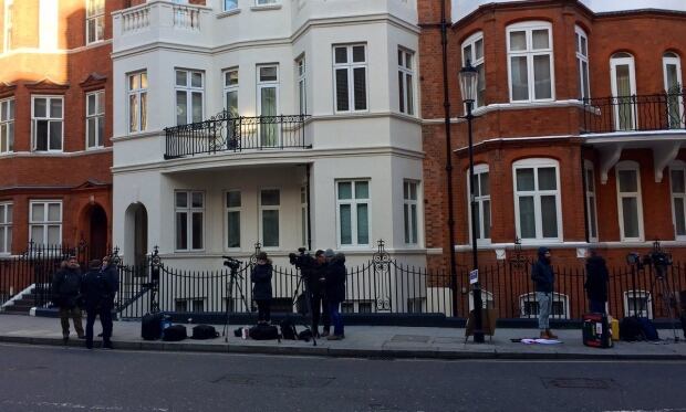 Media contingent in front of embassy