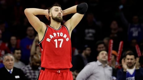 Toronto Raptors' Jonas Valanciunas reacts following his team's 94-89 loss to the Philadelphia 76ers on Wednesday. Valanciunas-Jonas-01182017
