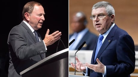 IOC president Thomas Bach, right, and NHL commissioner Gary Bettman don’t see eye-to-eye when it comes players taking to the ice at the 2018 Winter Olympics in Pyeongchang, South Korea. bach-bettman