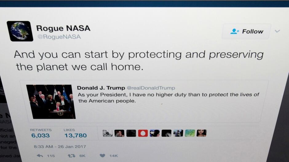 The Twitter account of Rogue NASA is seen replying to a tweet by U.S. President Donald Trump in a photo illustration in Toronto, Ontario, Canada January 26, 2017. REUTERS/Chris Helgren - RTSXK5Q