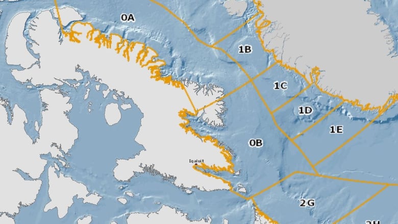 A map of offshore fishing zones in Nunavut. 
