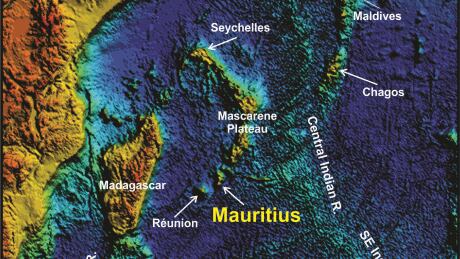 Indian Ocean topography showing the location of Mauritius as part of a chain of progressively older volcanoes extending from the presently active hot-spot of Réunion toward the 65-million-year-old Deccan traps of northwest India. lost-continent-mauritius-indian-ocean