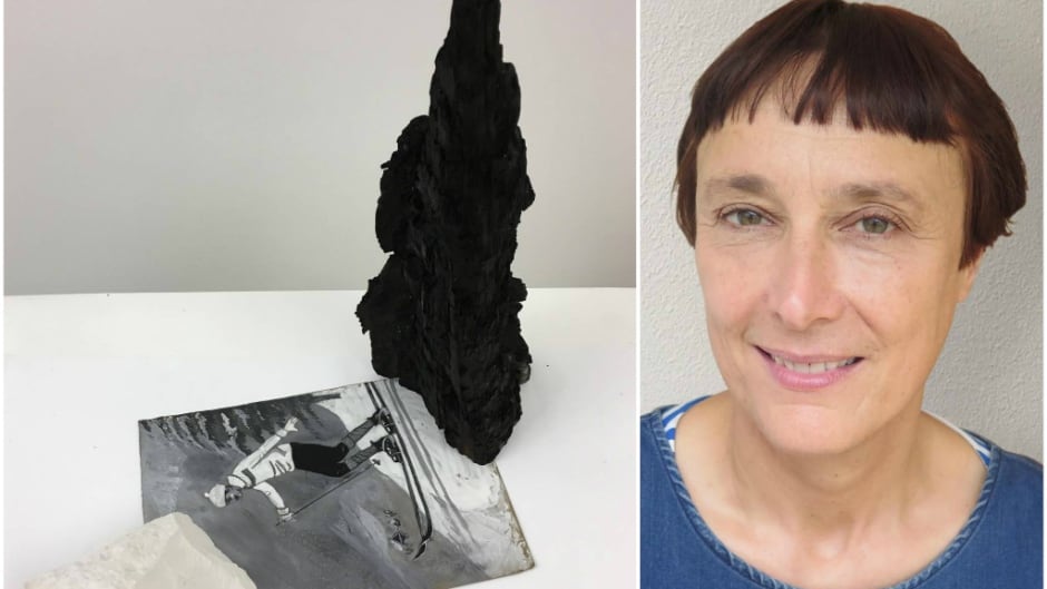 Artist Cornelia Parker and her work "A Slippery Slope Between Chalk and Charcoal," created from charred remanants of the Mackintosh Library at the Glasgow School of Art.