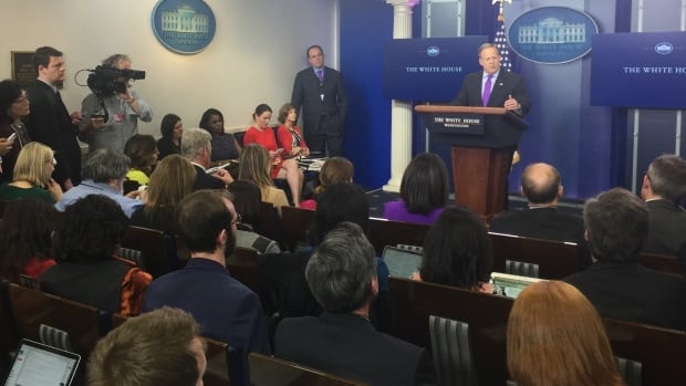 Sean Spicer White House press secretary for U.S. President Donald Trump gives his daily briefing to a packed room on Wednesday
