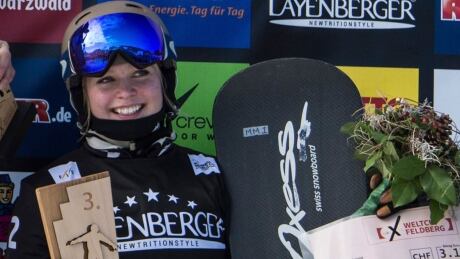 Canada's Meryeta O'Dine smiles after her first-career World Cup podium in February. Meryeta O'Dine Bronze