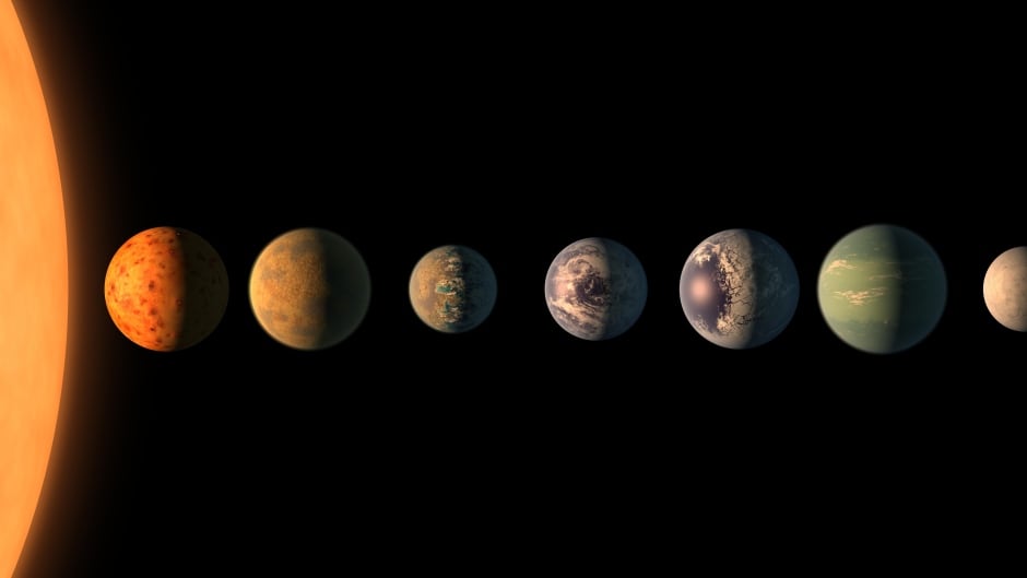 This artist's concept shows what the TRAPPIST-1 planetary system may look like, based on available data about the planets' diameters, masses and distances from the host star.