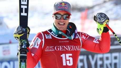 Canada's Erik Guay celebrates in the finish line after placing third in the men's World Cup super-G race in Kvitfjell, Norway, on Sunday. Norway Alpine Skiing World Cup