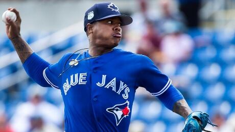 Blue Jays' starter Marcus Stroman delivers against the visiting Pirates in the first inning of Monday's pre-season game at Dunedin, Fla. Stroman pitched two perfect innings, striking out three in a 2-1 Toronto loss. stroman-marcus-170227-1180