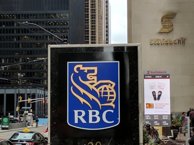 Royal Bank, Soctiabank with TD's black tower in background at King and Bay, Toronto