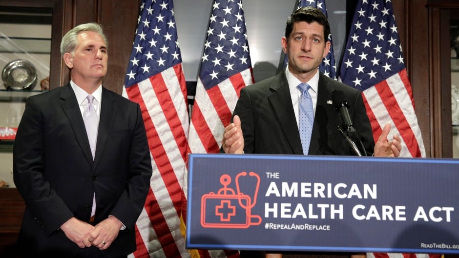 U.S. House Speaker Paul Ryan and House Majority Leader Kevin McCarthy speak about the American Health Care Act, the Republican replacement to Obamacare, at the Republican National Committee in Washington on Wednesday.