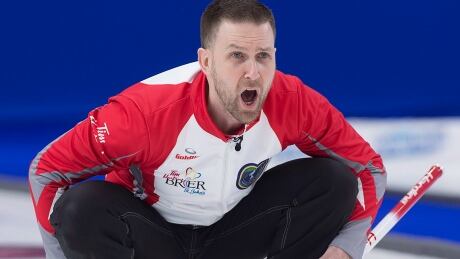 Newfoundland and Labrador skip Brad Gushue calls the sweep against Team Canada in gold medal action at the Tim Hortons Brier curling championship at Mile One Centre in St. John's. gushue-brad