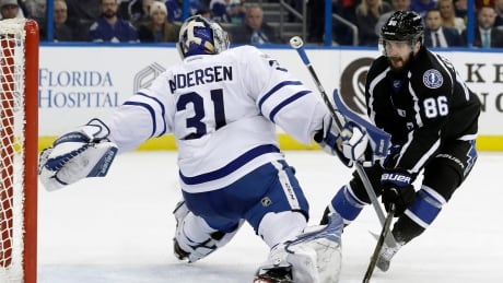Toronto Maple Leafs goalie Frederik Andersen makes a diving save on a shot by Tampa Bay Lightning forward Nikita Kucherov during the second period of Thursday's 5-0 Toronto win. andersen-freddy