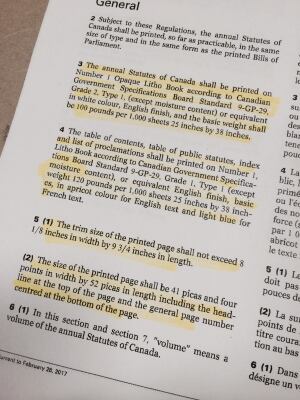 Regulations governing the printing of Statutes of Canada