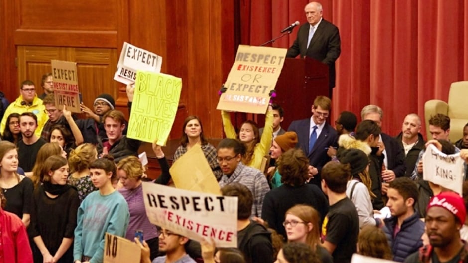 Student protesters disrupt speaker Charles Murray, March 2, at Middlebury College.