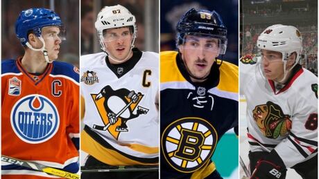 From left to right: Connor McDavid, Sidney Crosby, Brad Marchand and Patrick Kane are among a group of players that could take MVP honours this season. mvp-race