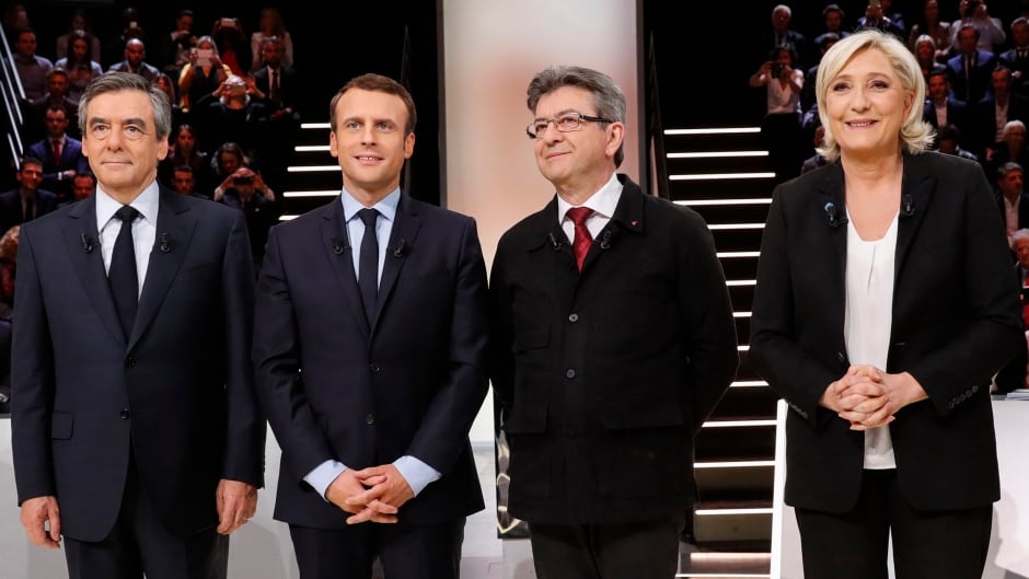 Candidates for the 2017 presidential election (LtoR) Francois Fillon, former French Prime Minister, member of the Republicans and candidate of the French centre-right, Emmanuel Macron, head of the political movement En Marche!, or Onwards!, Jean-Luc Melenchon of the French far left Parti de Gauche, Marine Le Pen, French National Front (FN) political party leader and Benoit Hamon of the French Socialist party (PS).