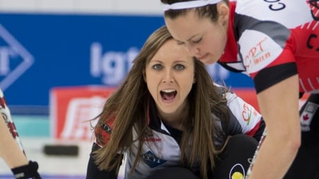 Canada's Rachel Homan reacts after releasing a stone against Korea during the women's world curling championship 2017. homan-rachel