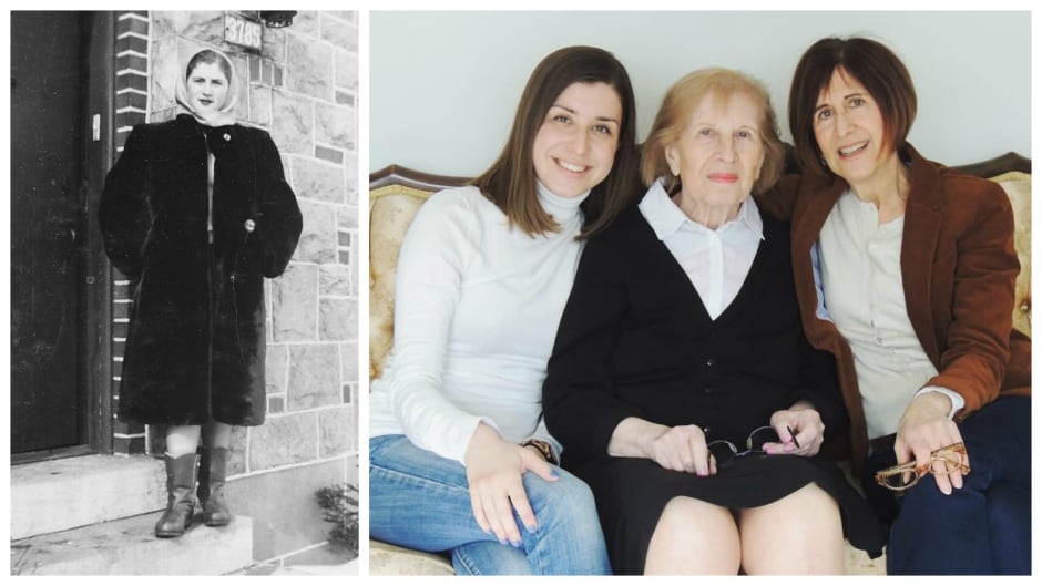 Left: Fay Piasetzki stands outside her home in Montreal. Right: Arielle Piat-Sauvé sits with Fay Piasetzki, her grandmother, and Myra Piat, her mother