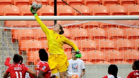 Erin McLeod, pictured during Olympic qualifying last year, is back training with her club team in Sweden in her continuing recovery from a knee injury. Trinidad Tobago Canada Soccer