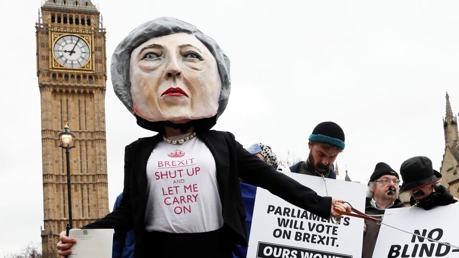 Anti-Brexit protesters hold placards outside Parliament on the day Prime MInister Theresa May announced she triggered the formal process for Britain to leave the European Union. The Brexit vote, according to Marcus Pivato, has had a concrete impact on the ability of British universities to recruit and retain academics and he argues that could be to Canada's benefit.