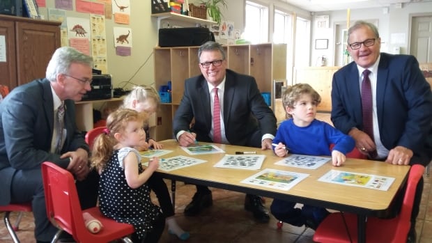 P.E.I. MP Lawrence MacAulay was in Charlottetown on Wednesday to highlight the federal government's plan to invest in child care over the next 10 years. From left to right: Eve McGuigan, MP Sean Casey, Tallulah Crooks, P.E.I. Minister Doug Currie, Cooper Richards and MacAulay.