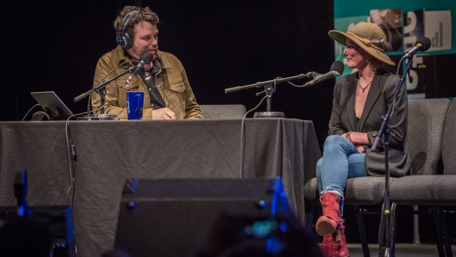 Musician Kathleen Edwards and Tom Power discussing her Ottawa block party live at the Bronson Centre Theatre.