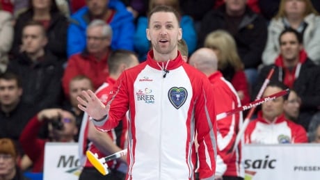 Canada skip Brad Gushue, seen above competing at the Brier last month, led his rink to an 11-3 win over Russia at the world men's curling championship on Sunday in Edmonton. gushue-brad-030917-629