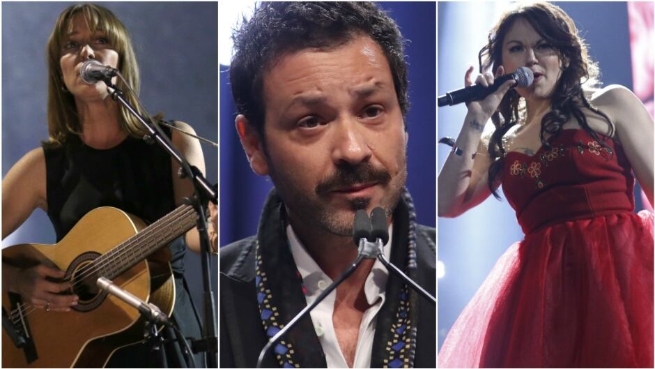 From left: Leslie Feist performing a tribute to the late Leonard Cohen at the 2017 Juno Awards, Adam Cohen accepting the artist of the year award on behalf of his father Leonard at the Juno gala event, and Tanya Tagaq opening the 2017 Juno Awards with a performance alongside A Tribe Called Red.