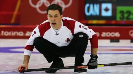 TURIN, ITALY - FEBRUARY 24: Brad Gushue of Canada shouts instructions during the Gold medal match of the men's curling between Finland and Canada during Day 14 of the Turin 2006 Winter Olympic Games on February 24, 2006 at the Pinerolo in Turin, Italy. (Photo by Clive Rose/Getty Images) gushue-brad-2006-1180