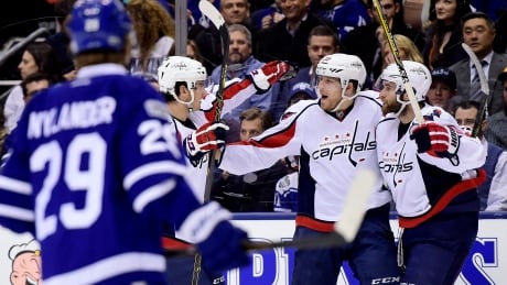 The Washington Capitals celebrate Lars Eller's first period goal in Tuesday's 4-1 win over the Toronto Maple Leafs. HKN Capitals Maple Leafs 20170404