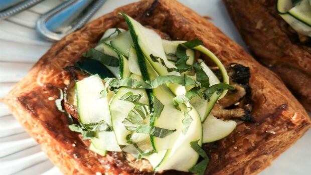 Roasted Honey Miso Eggplant Flatbread with Zucchini Salad