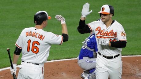 Baltimore Orioles' Chris Davis, right, high-fives teammate Trey Mancini after hitting a solo home run during the fourth inning. bluejays-orioles