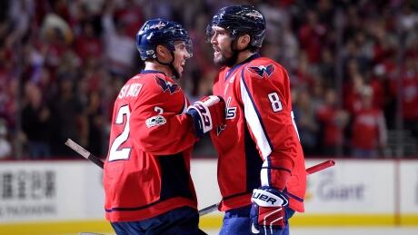 Washington Capitals forward Alex Ovechkin, right, celebrates his goal with teammate Matt Niskanen during the second period against the New York Rangers on Wednesday in Washington, D.C. ovechking-alex-040517-620