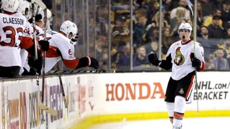 Ottawa Senators forward Alexandre Burrows celebrates his goal against the Boston Bruins during the second period on Thursday in Boston. burrows-alexandre-040617-620