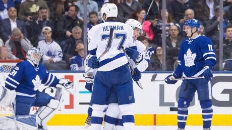Victor Hedman, centre, had three assists in leading Tampa Bay to a 4-1 win over the Toronto Maple Leafs on Thursday night. victor-hedman