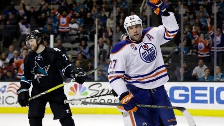 Edmonton Oilers' Milan Lucic celebrates after scoring one of his three goals against the San Jose Sharks on Thursday in San Jose, Calif. (AP Photo/Marcio Jose Sanchez) lucic-milan-040617-620