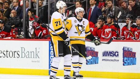 Penguins head coach Mike Sullivan would say if he will rest Sidney Crosby, right, against the Leafs on Saturday or the Rangers on Sunday. Meanwhile, Evgeni Malkin, left, skated at practice on Friday and expressed hope of returning from injury this weekend. Crosby-Malkin