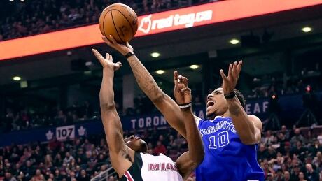 DeMar DeRozan, right, had a game-high points to lead the Toronto Raptors - over the Miami Heat on Friday night. demar-derozan