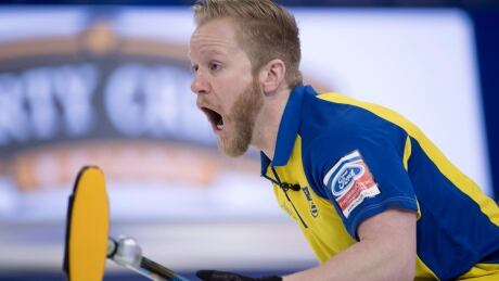 Sweden skip Niklas Edin reacts to a shot during his rink's 6-5 victory over Switzerland in the semifinal of the men's world championship Saturday in Edmonton. Edin-Niklas-04082017