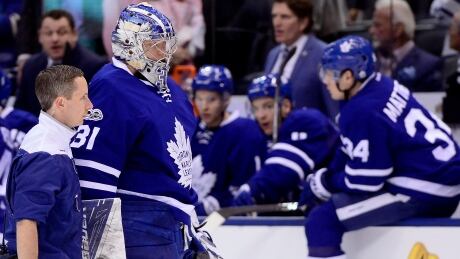 Leafs goalie Frederik Andersen was helped off the ice partway through Saturday night's playoff-clinching win in Toronto. HKN Penguins Maple Leafs 20170408