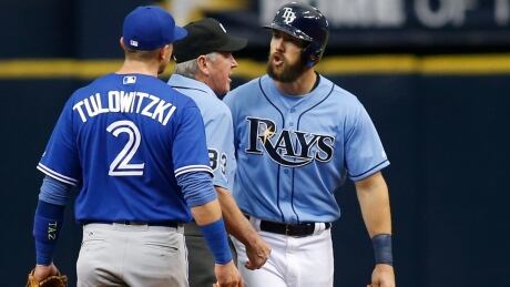 Tampa Bay's Steven Souza Jr, right, and Toronto's Troy Tulowitzki exchanged words after a hard slide in the second inning. Jays Rays Tulowitzki Souza